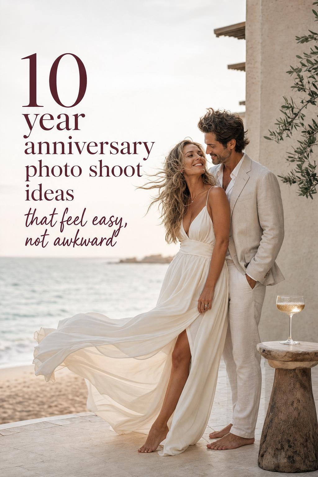 10 year anniversary photo shoot on a luxury beach resort terrace with flowing ivory gown, sand-toned suit, and ocean backdrop