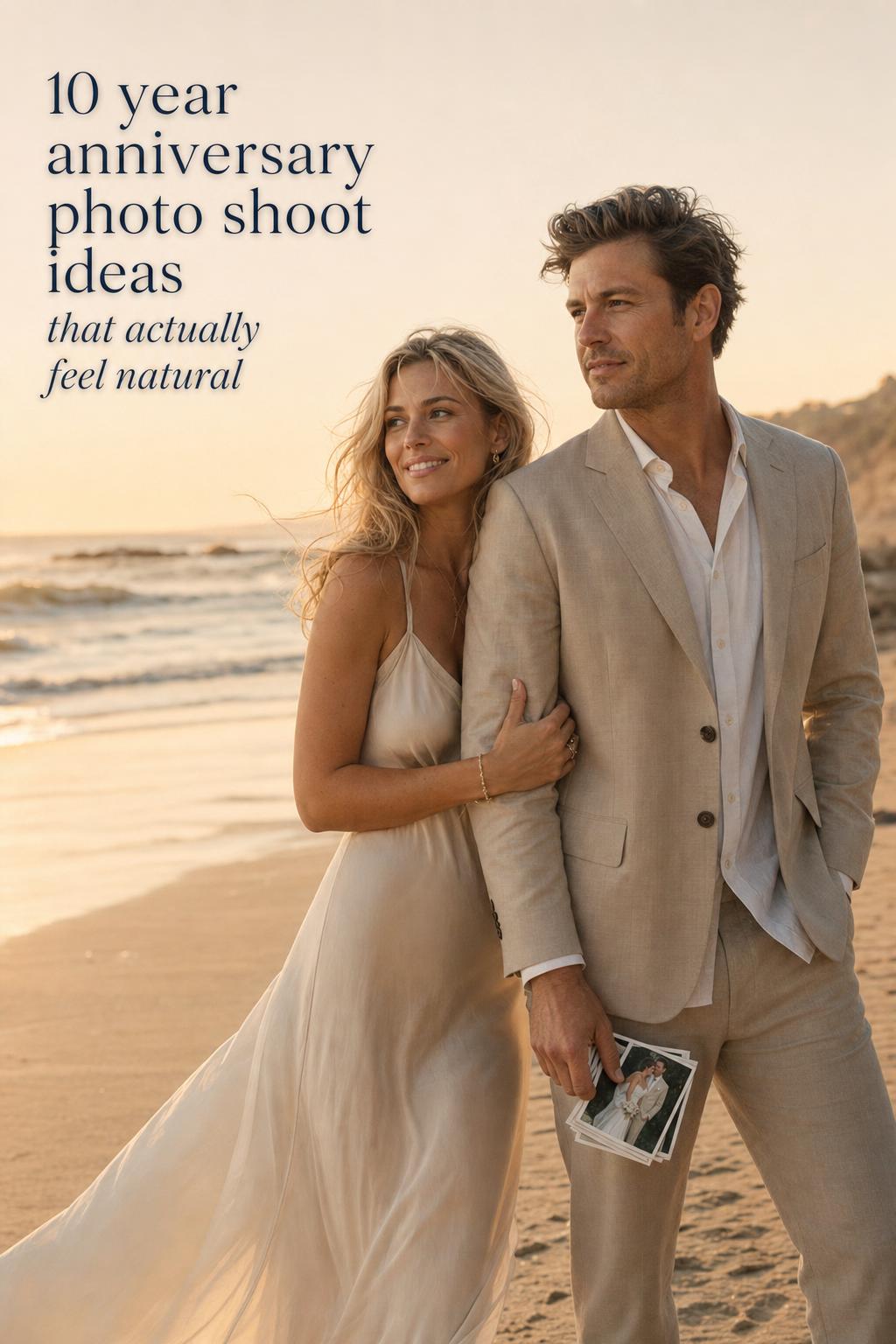 10 year anniversary photo shoot on a windswept Malibu beach with couple in ivory silk dress and sand suit at golden hour