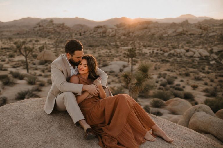 Romantic 10 year anniversary photo shoot with couple embracing at golden hour in a timeless outdoor setting