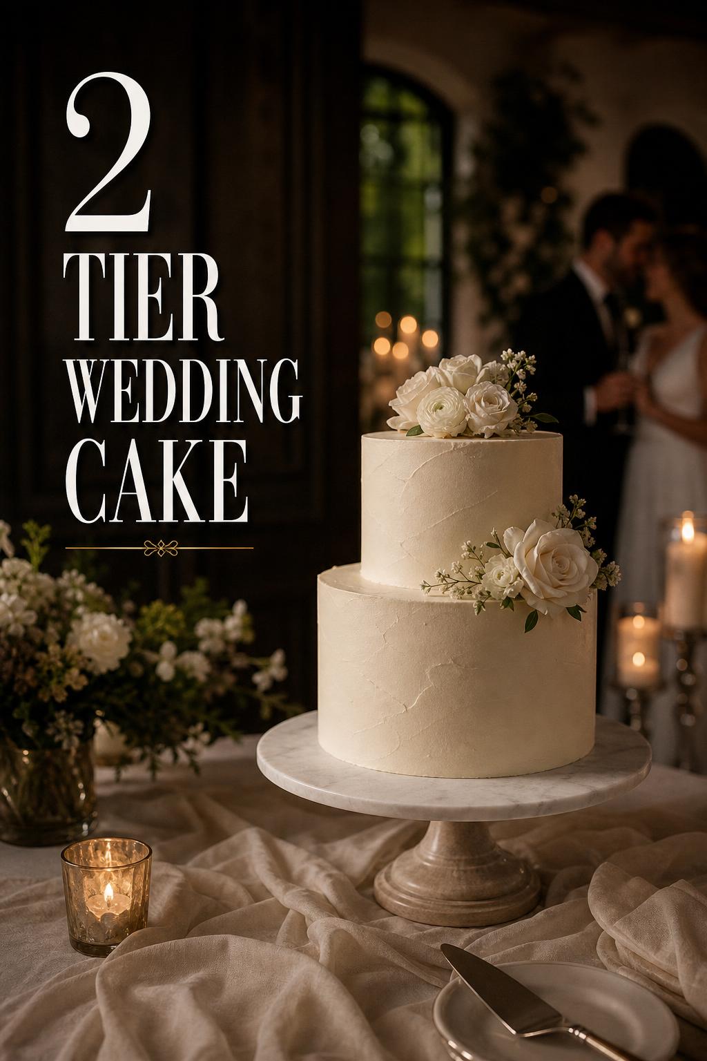 Elegant 2 tier wedding cake on a candlelit reception table with ivory buttercream and subtle florals, moody editorial lighting