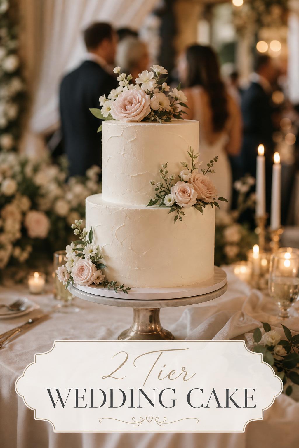 2 tier wedding cake with ivory buttercream and blush florals on a stand in a candlelit luxury reception setting