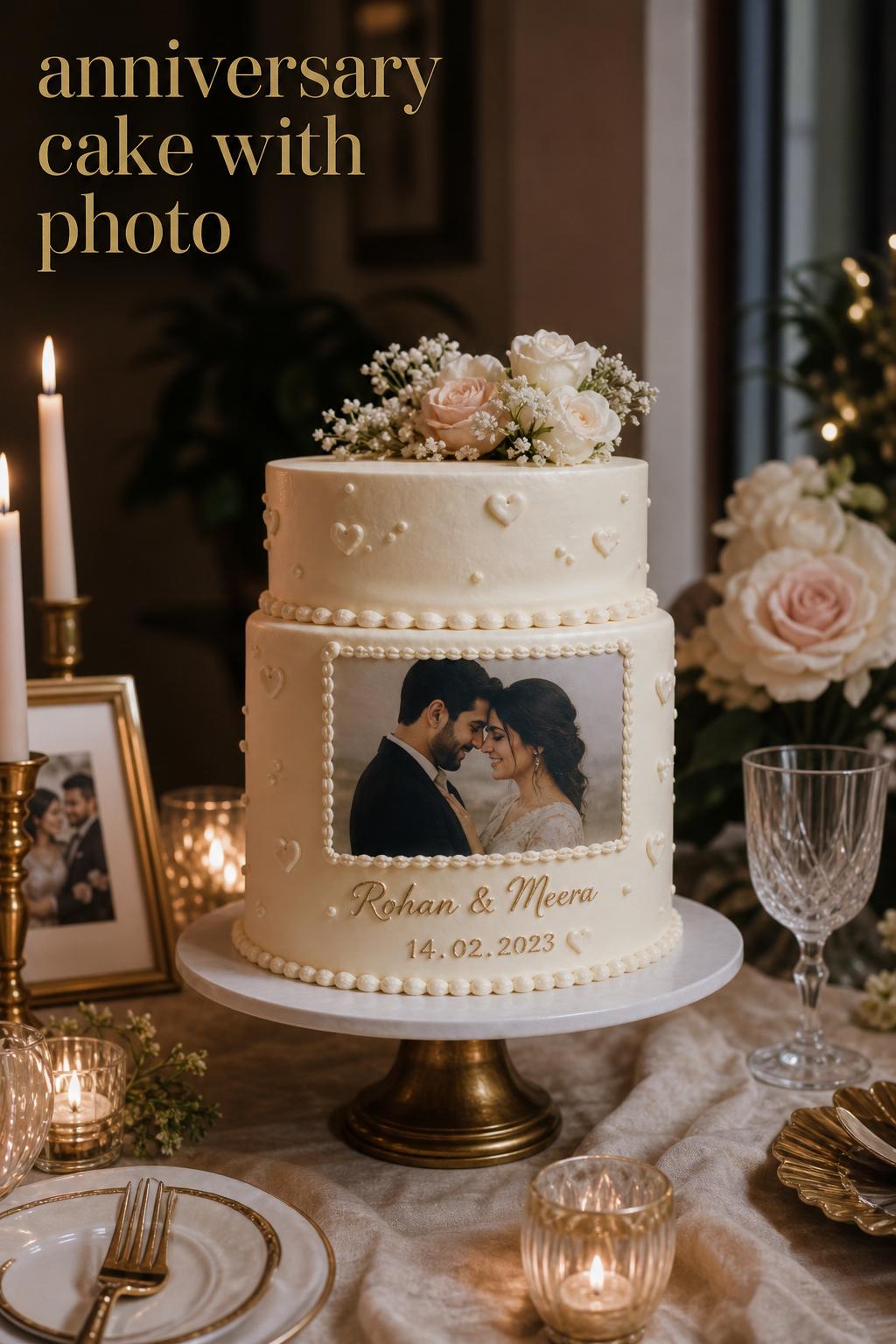 Anniversary cake with photo on an elegant candlelit dining table, personalized with names and date in a romantic home setting.