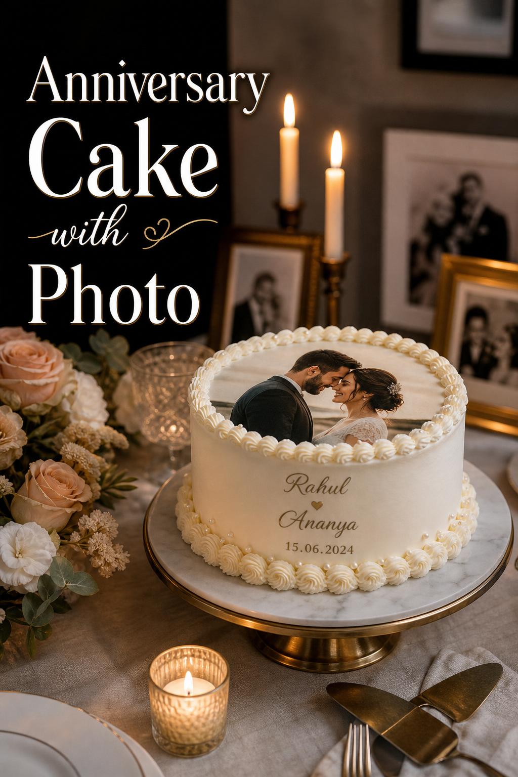 Anniversary cake with photo on a candlelit table, featuring an edible couple portrait and elegant buttercream details