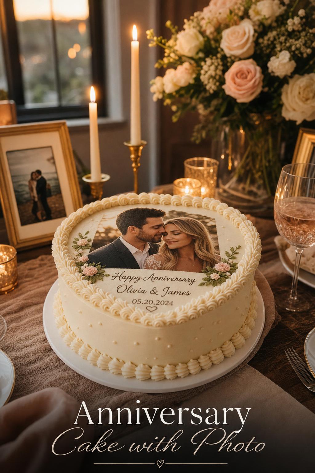 Anniversary cake with photo on a candlelit dining table, blush buttercream with names and date in a romantic home setting.