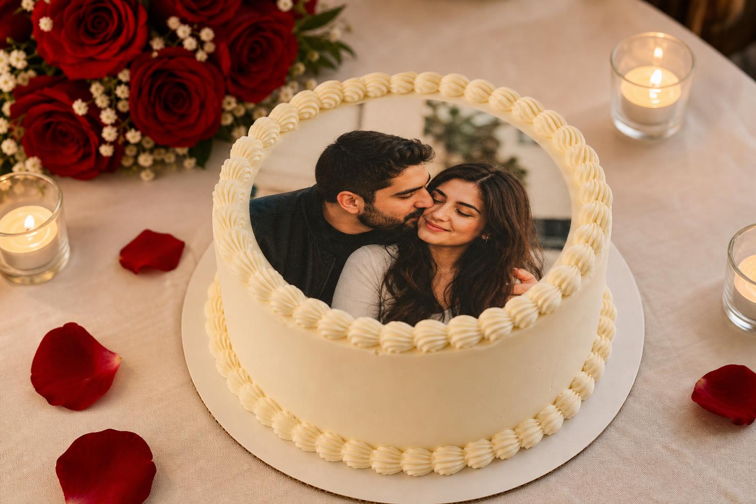 Anniversary cake with photo featuring an edible couple portrait on a white frosted round cake with elegant piping