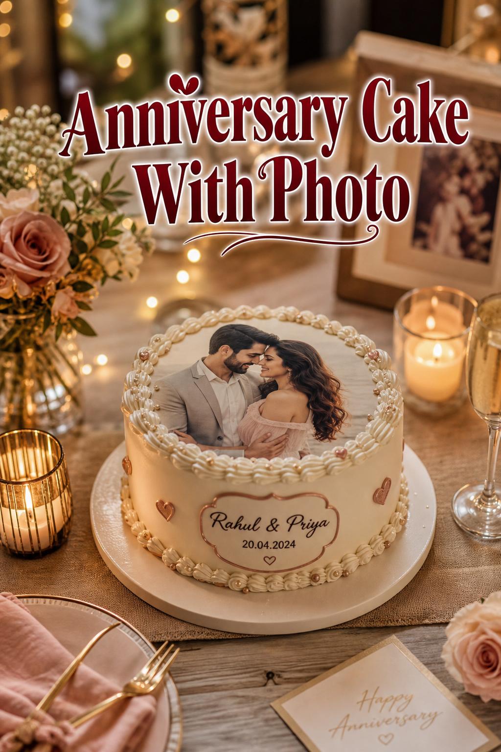Romantic anniversary cake with photo centerpiece on candlelit table with florals, champagne glasses, and warm golden-hour glow