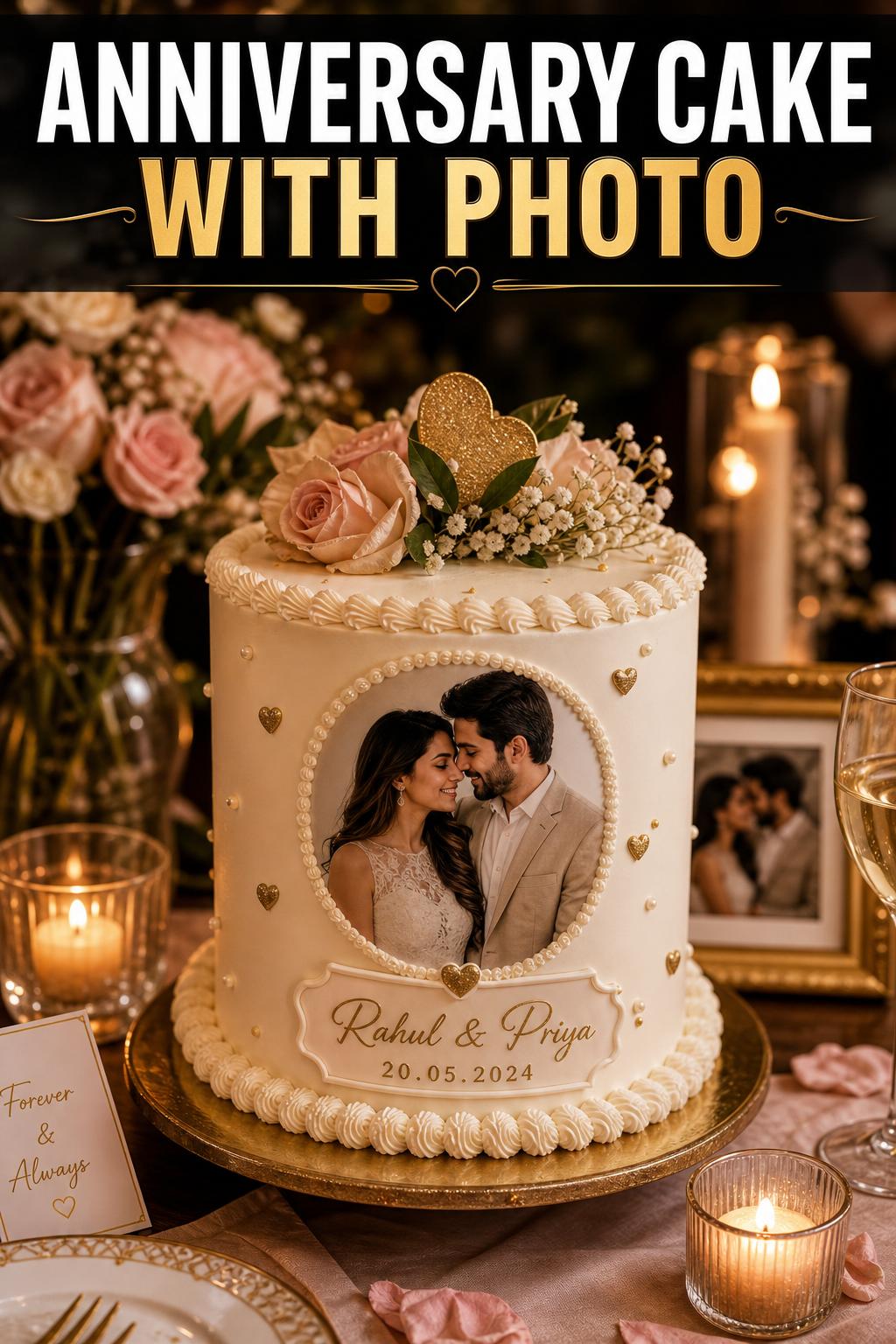 Anniversary cake with photo topper on a decorated table, elegant buttercream finish and fresh flowers