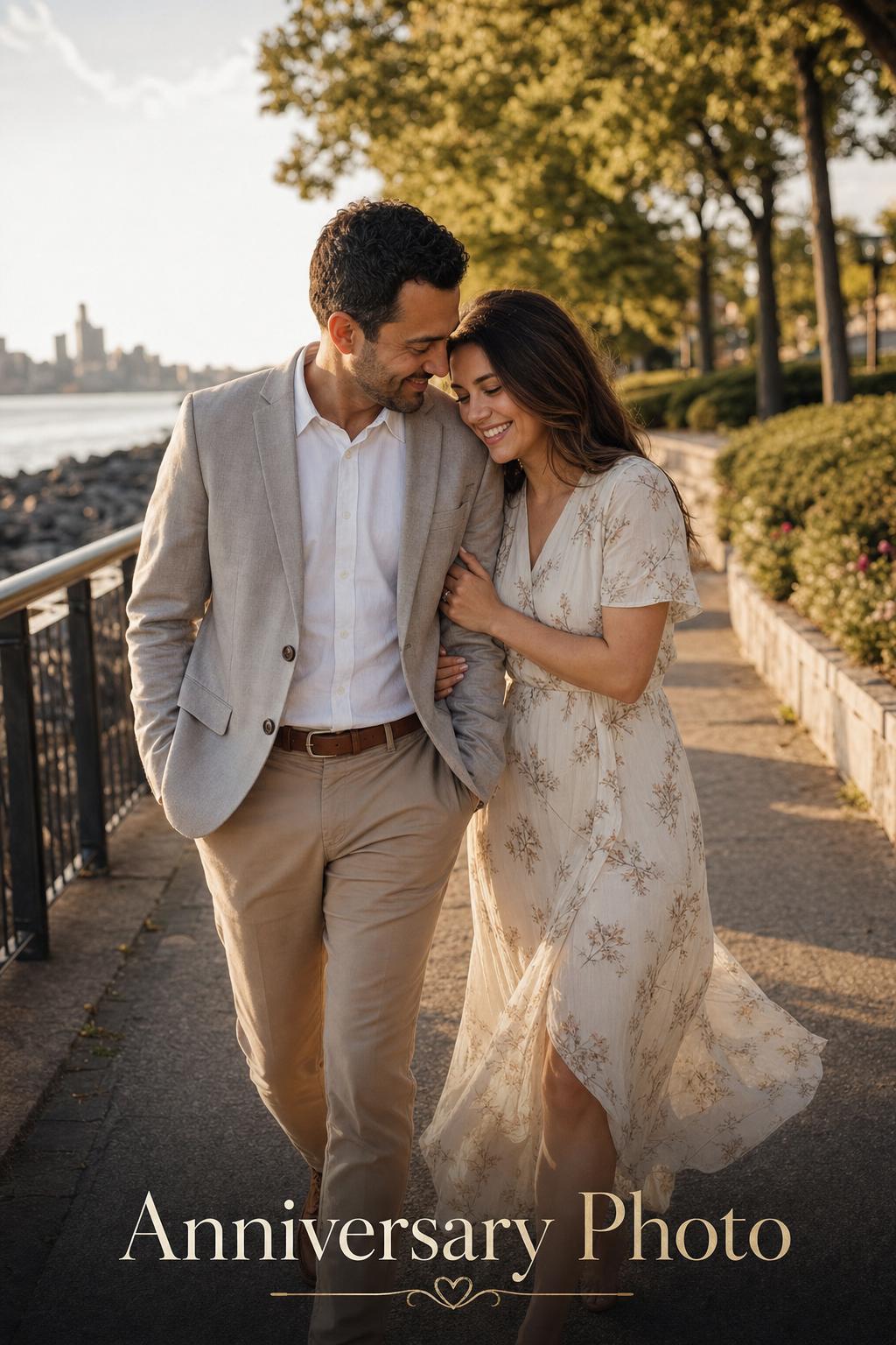 Anniversary photo of a couple walking close at golden hour on a park waterfront path, smiling softly in candid warmth