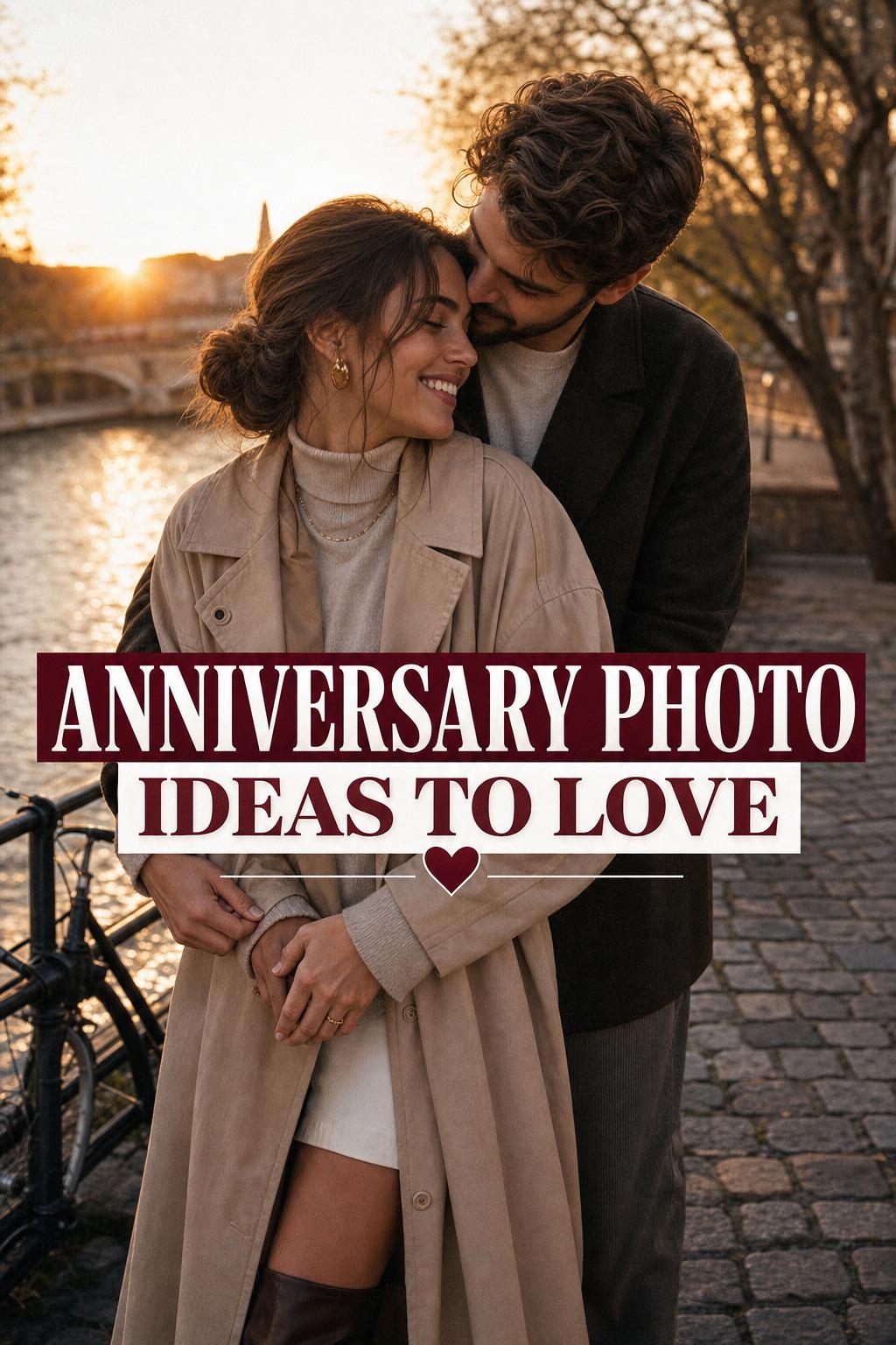Romantic couple at golden hour with bold text overlay for anniversary photo ideas to love