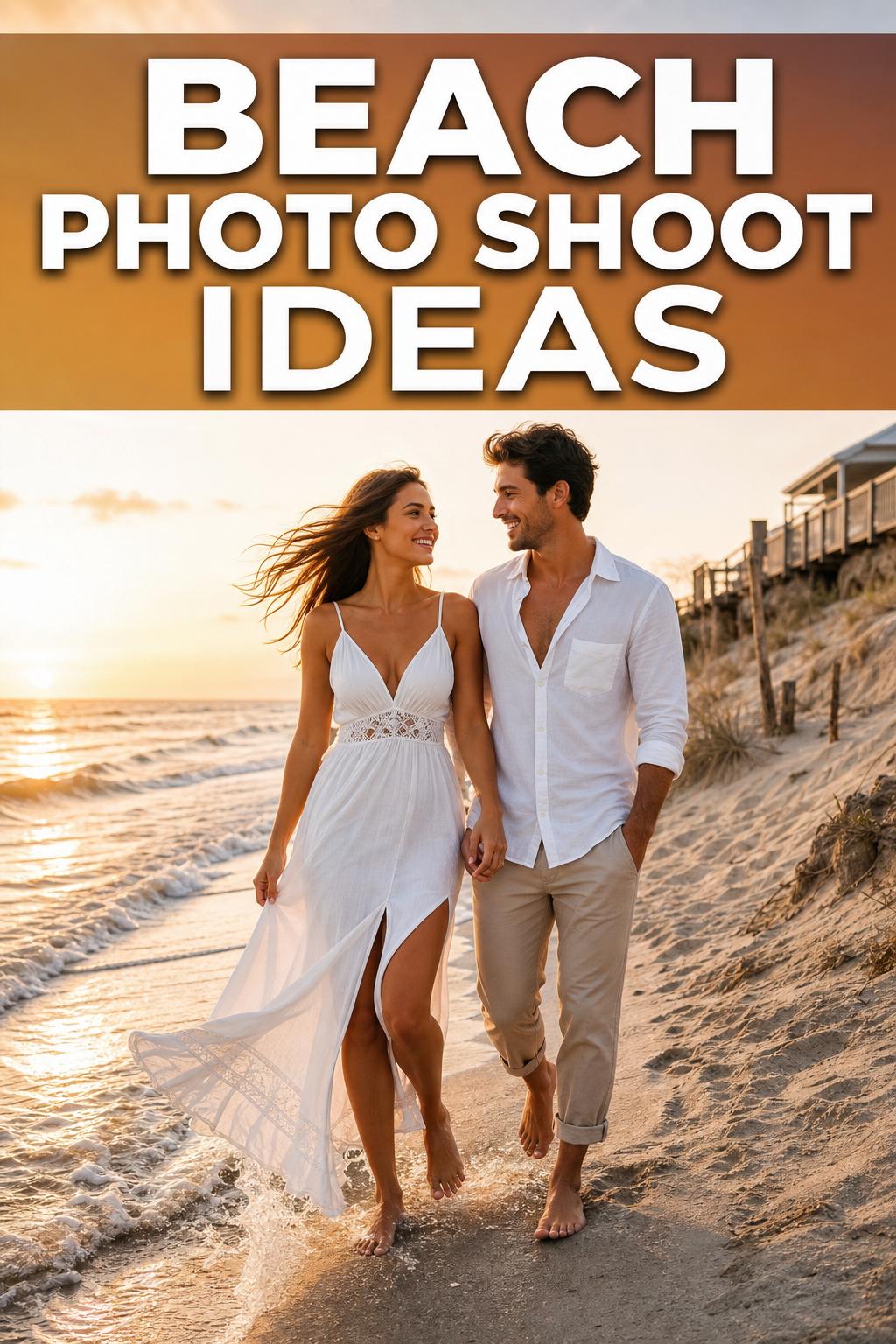 Beach photo shoot ideas featuring a couple walking at sunset along the shoreline with golden light and soft waves