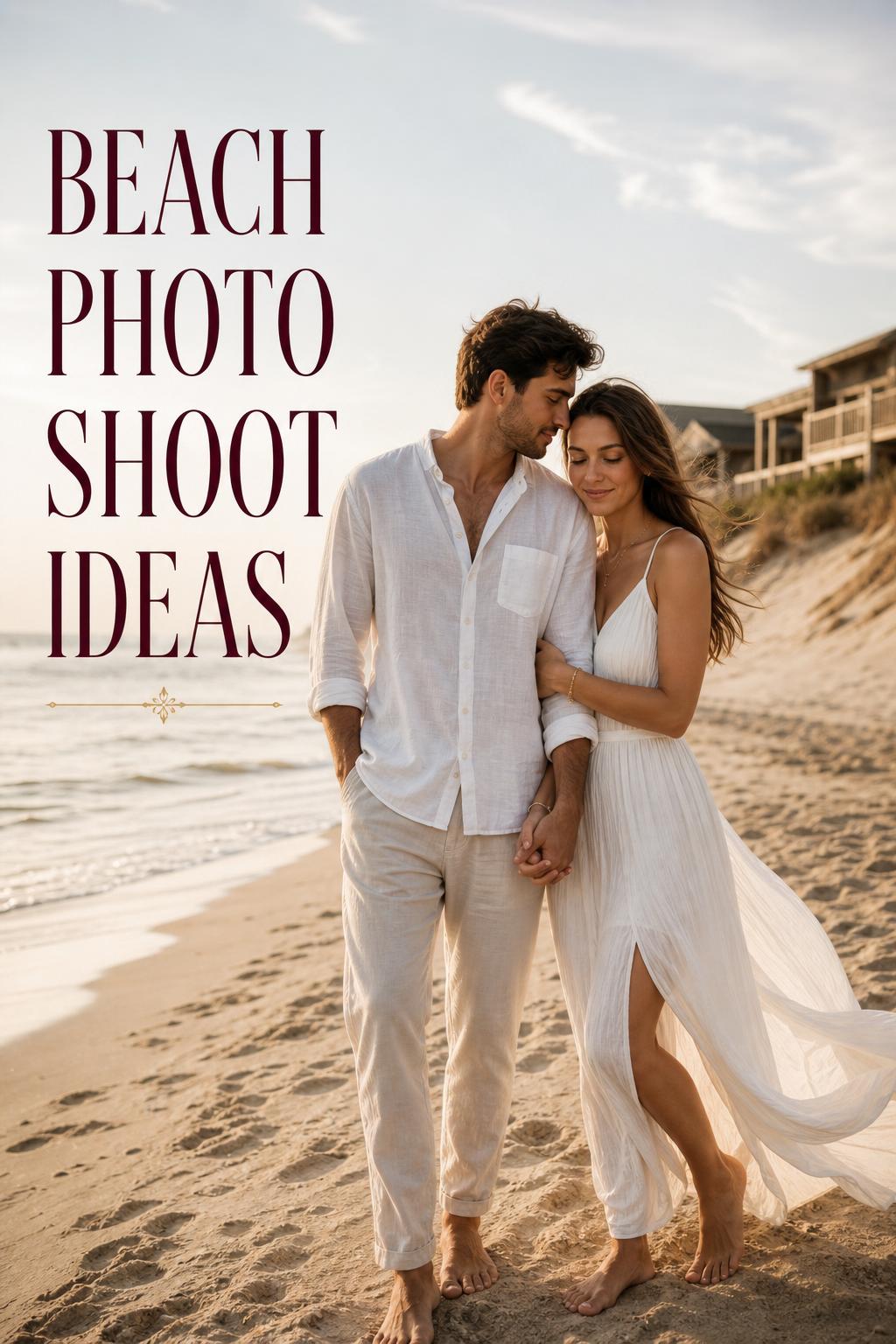 Beach photo shoot ideas at golden hour with a barefoot woman in flowing linen by the shoreline, cinematic text overlay