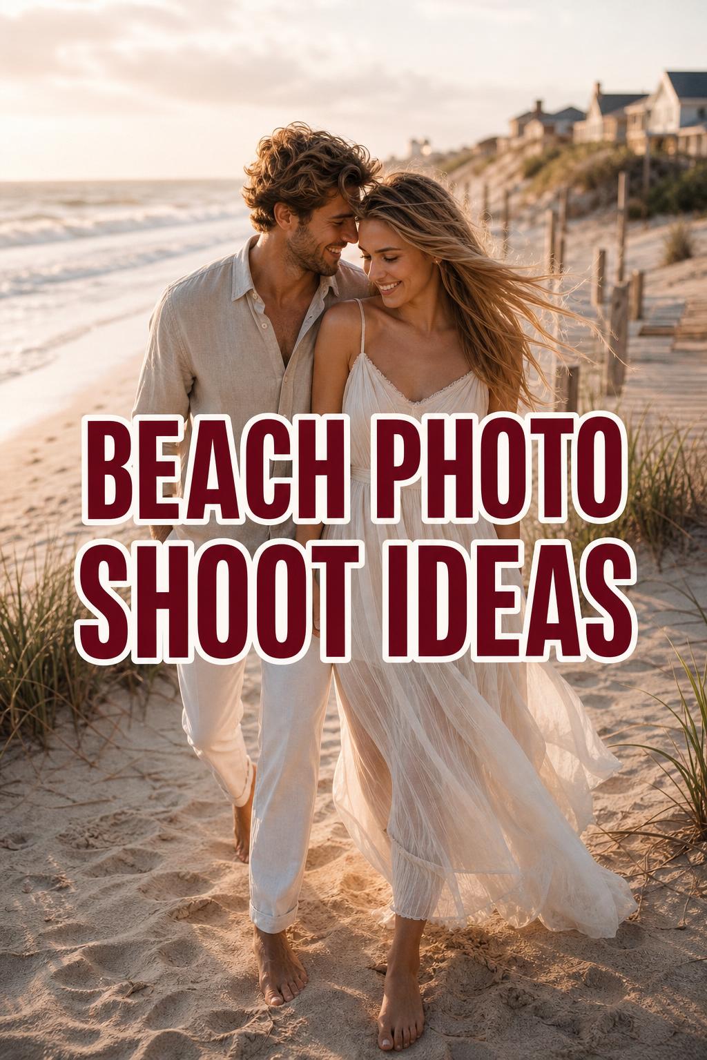 Beach photo shoot ideas cover image with a candid golden-hour portrait on the shoreline, soft dunes, and boardwalk behind