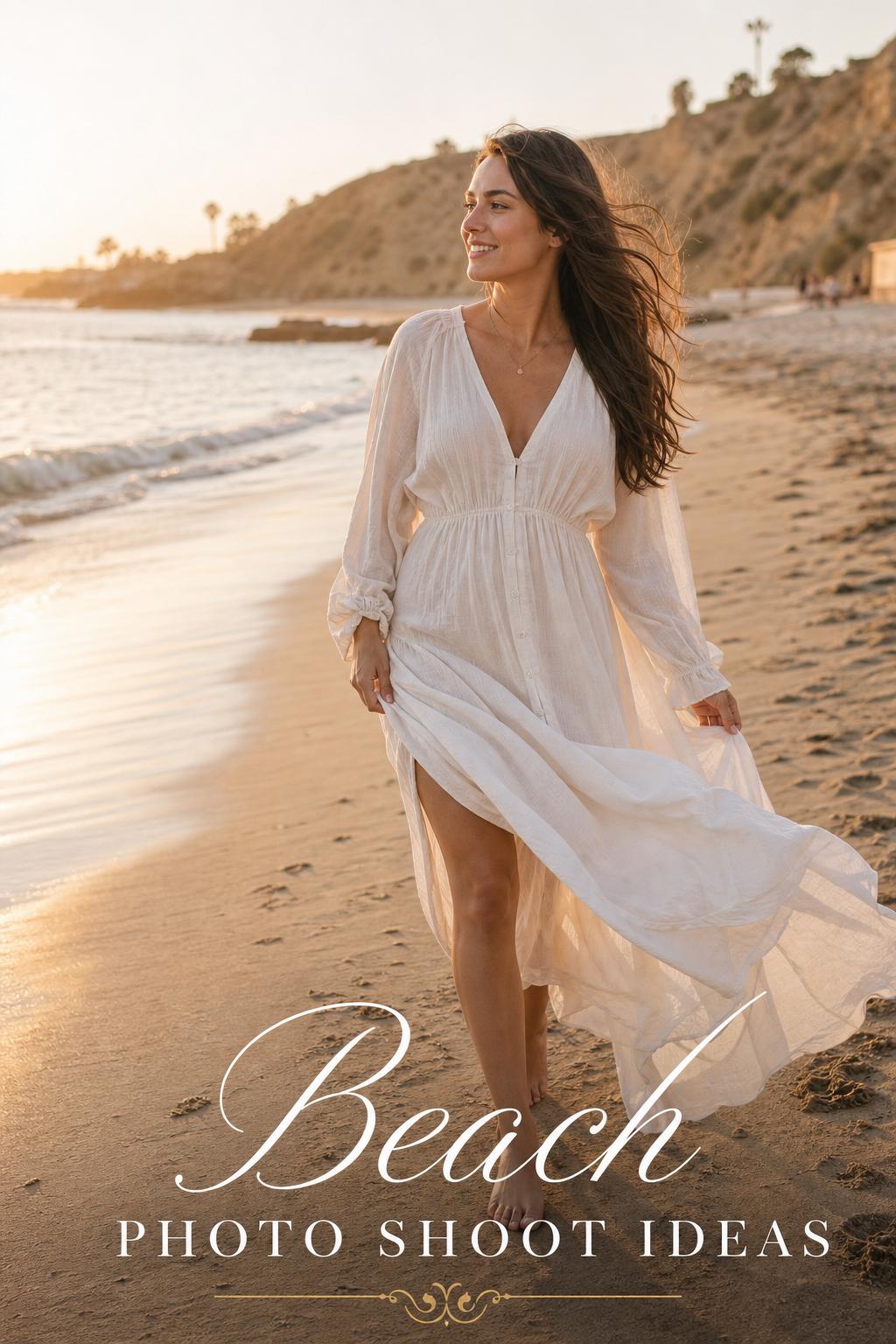 Beach photo shoot ideas: woman in flowing white dress walking barefoot on wet sand at golden hour by the ocean
