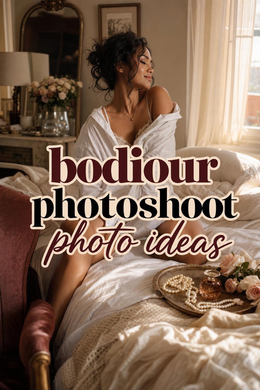 Woman in cozy sunlit bedroom with linen and silk, featuring bodiour photoshoot photo ideas text overlay