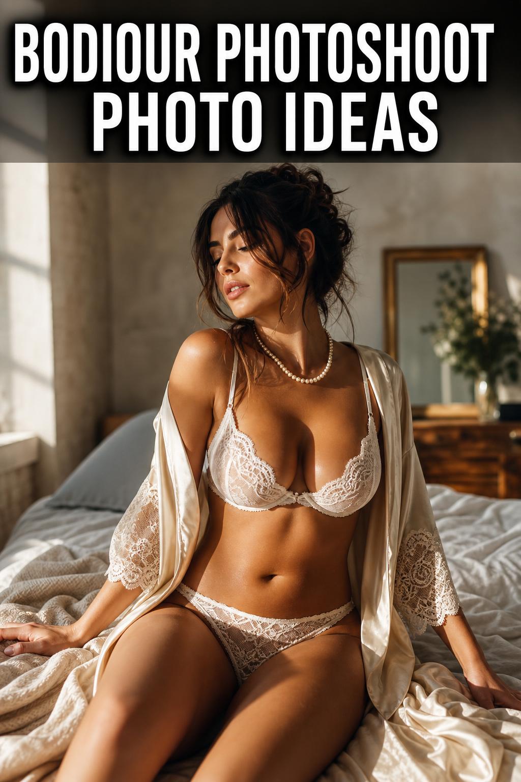 Bodiour photoshoot photo ideas in a sunlit bedroom with soft natural light and elegant posing