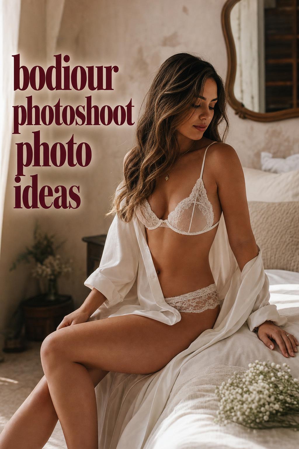 Bodiour photoshoot photo ideas in a sunlit boutique hotel bedroom, woman in lace lingerie and satin robe on ivory sheets.