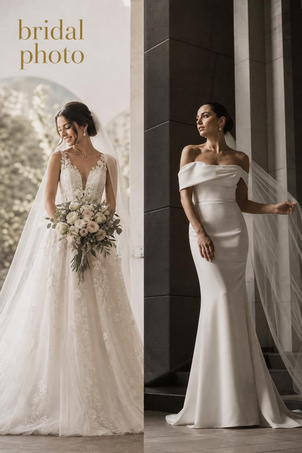 bridal photo editorial diptych of classic romantic portrait and modern dramatic wedding imagery in a refined minimal setting