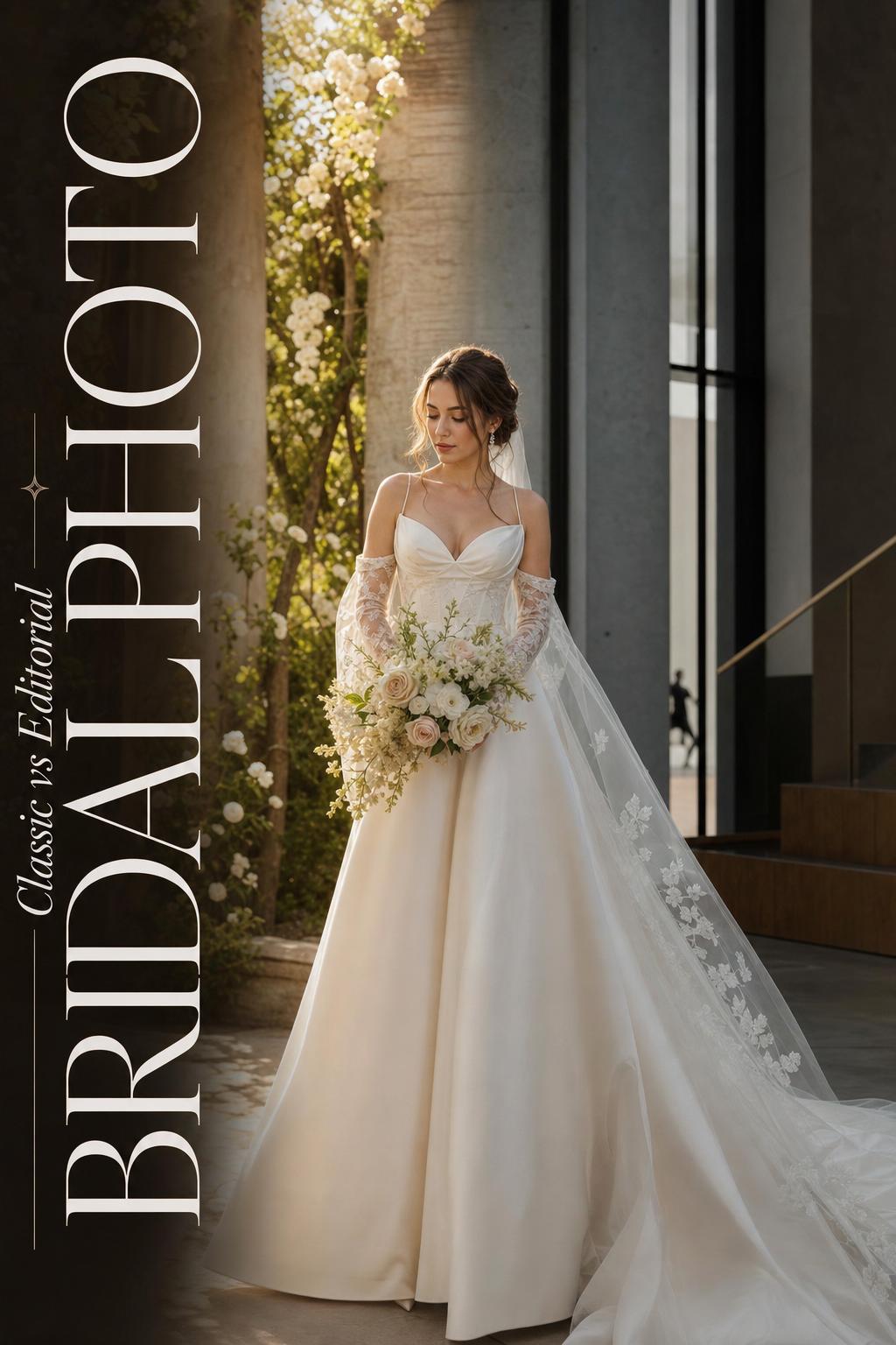 Bridal photo of an elegant bride transitioning from sunlit garden romance to moody city editorial interior, cinematic split scene