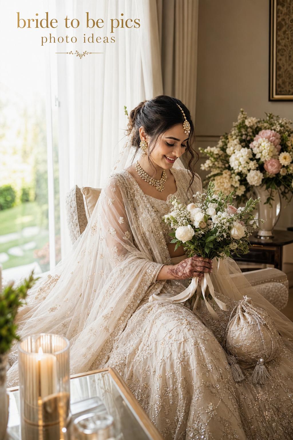 bride to be pics photo ideas in sunlit getting-ready room with elegant bride, veil, bouquet, henna, and jewelry