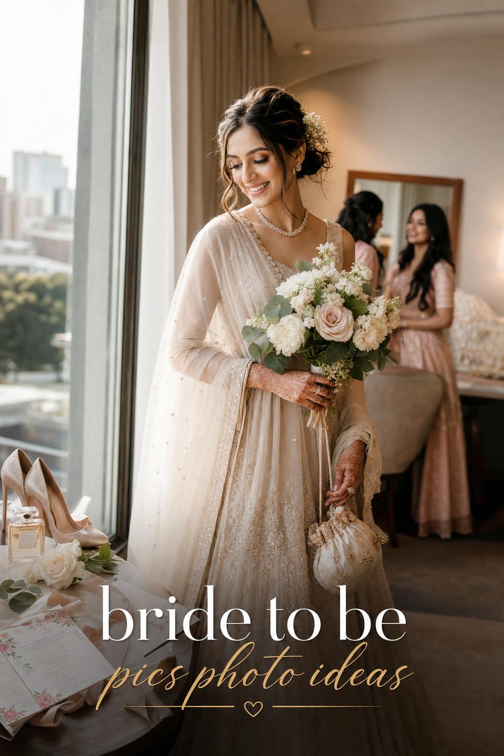 Bride-to-be by a sunlit window holding bouquet and potli bag, henna hands, elegant suite scene for bride to be pics photo ideas