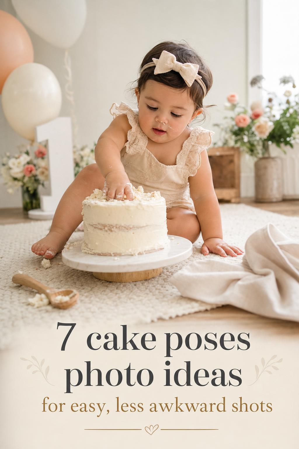 Cake poses photo ideas: candid first birthday cake smash with toddler on mat, hand in frosting by window light