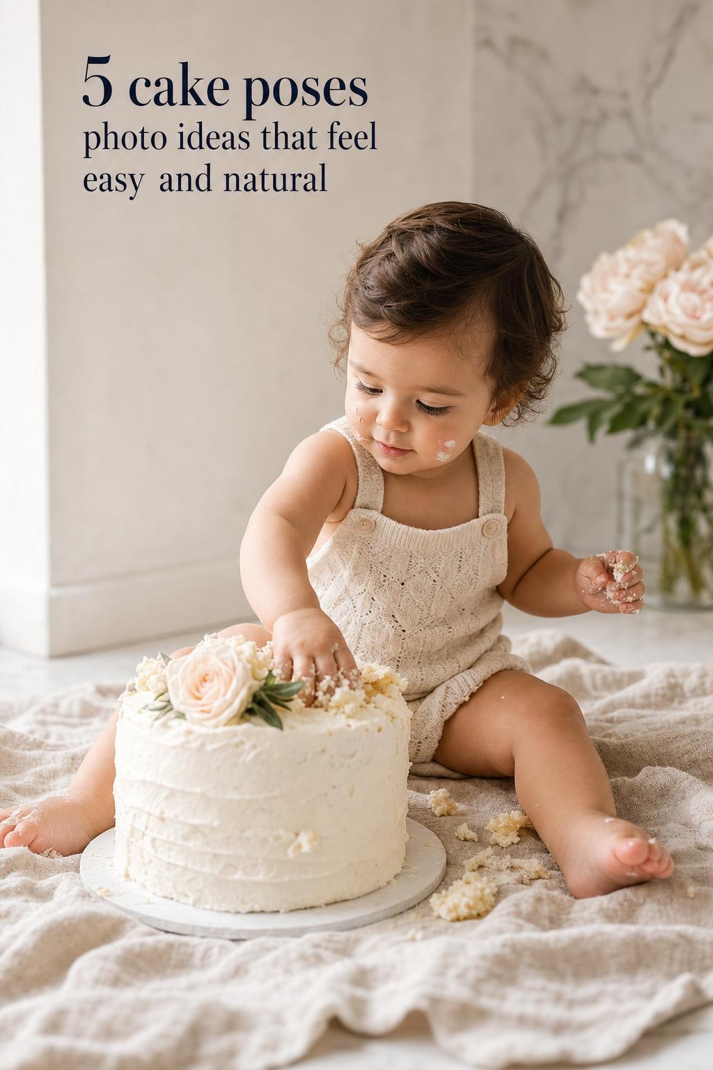 Cake poses photo ideas: candid toddler cake smash on linen mat, reaching into buttercream cake in soft window light