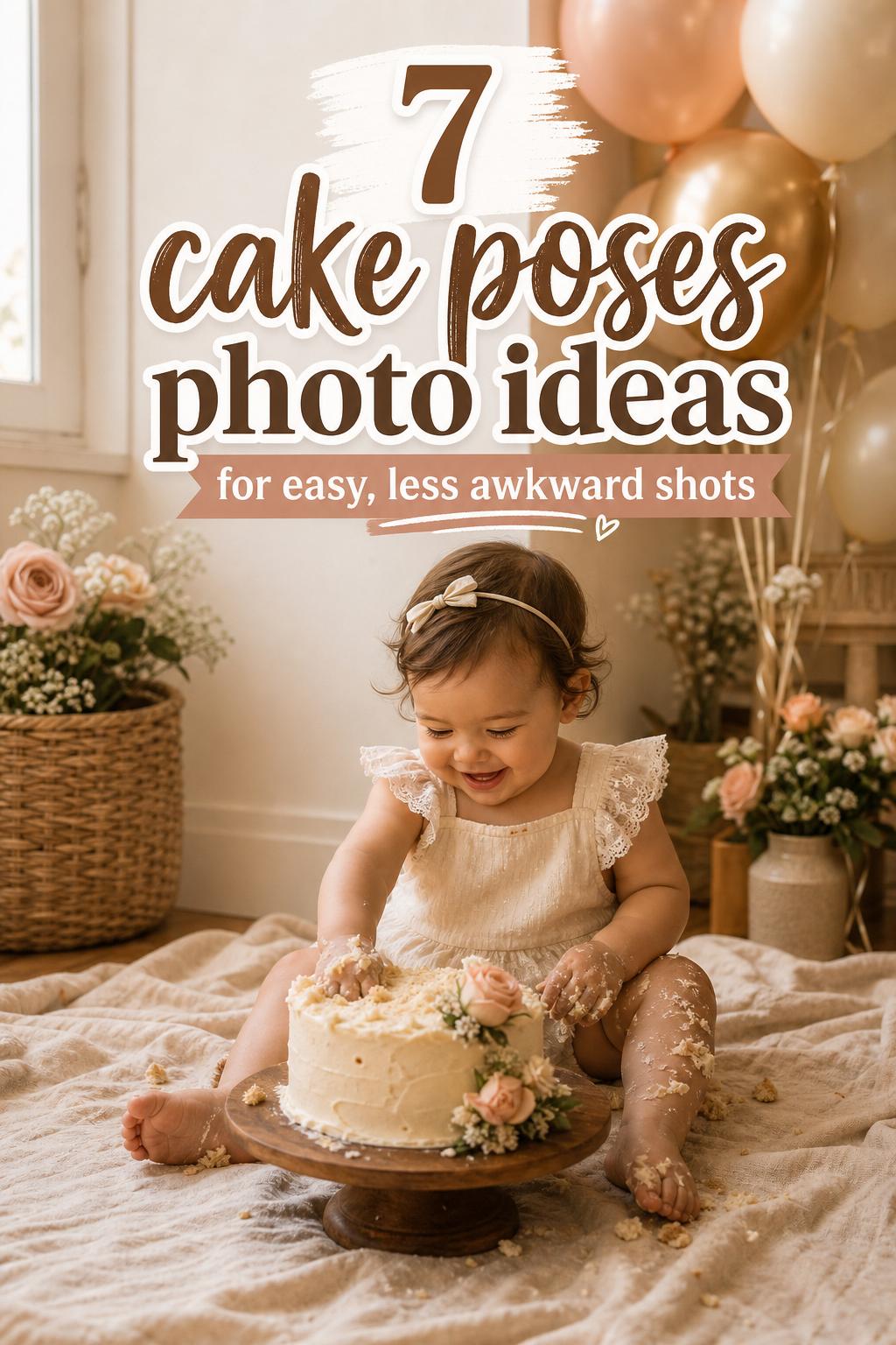 Cake poses photo ideas: toddler first birthday cake smash in warm home light with buttercream frosting and balloons