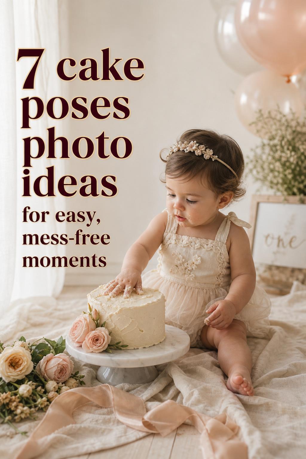 Cake poses photo ideas: one-year-old toddler on linen blanket beside buttercream smash cake in soft window light