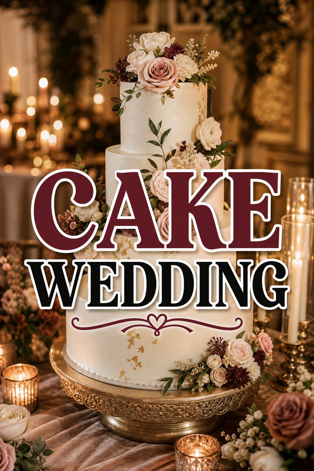 Cake wedding centerpiece with elegant tiered wedding cake, candles, blush florals, and warm golden-hour reception lighting