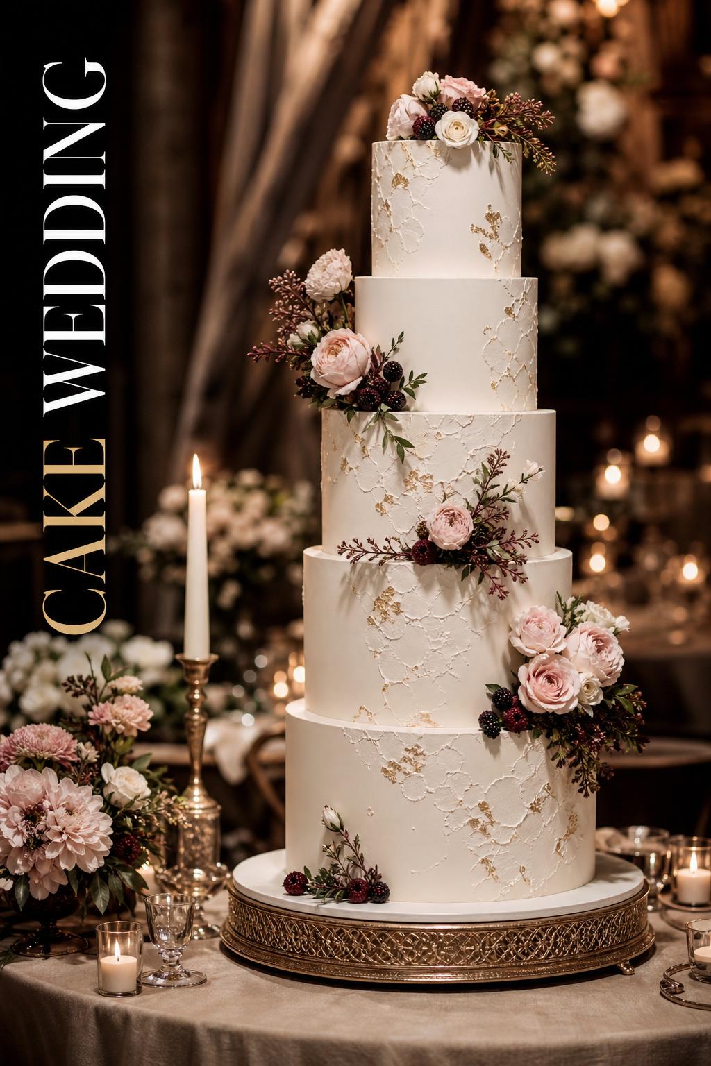 Cake wedding editorial photo of an ivory and blush tiered wedding cake in a candlelit luxury reception setting