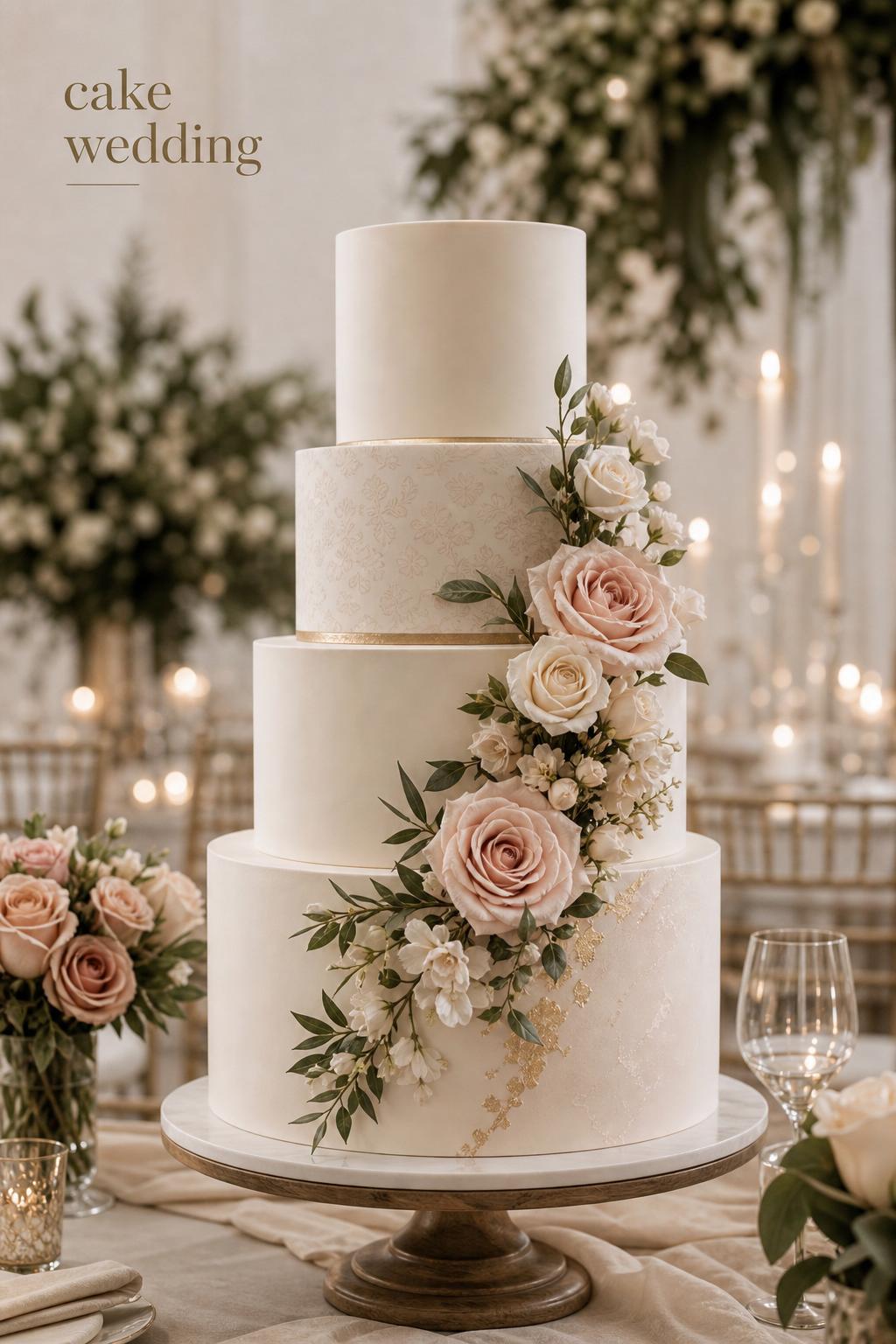 Cake wedding editorial photo of an elegant tiered ivory and blush wedding cake with florals and candlelit reception styling