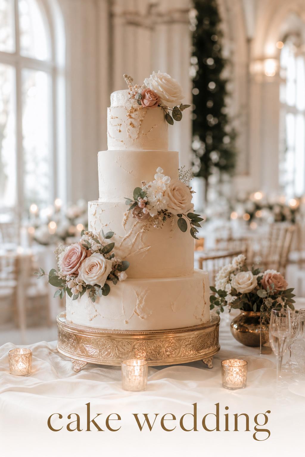 Cake wedding editorial photo of an elegant tiered ivory cake on a candlelit reception table with soft florals