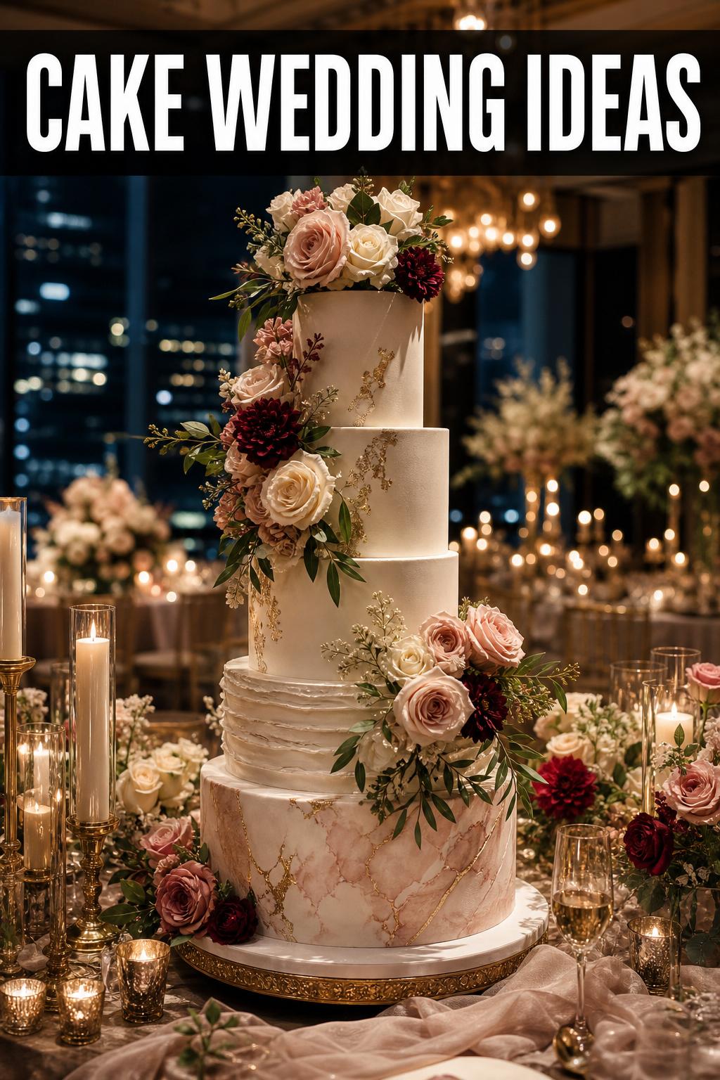 Cake wedding display with elegant tiered white cake and floral details at a reception table