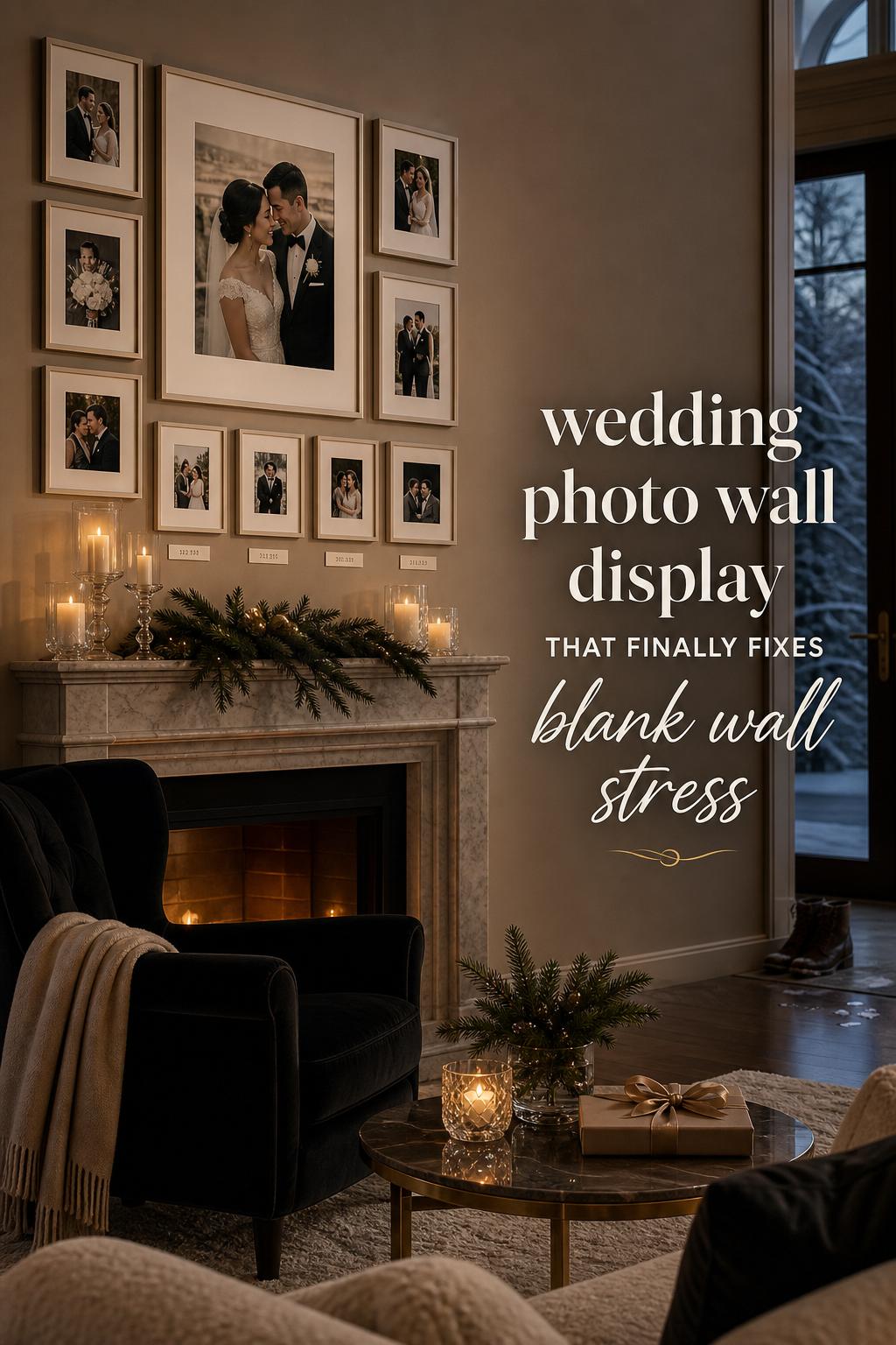 Candlelit alpine living room with elegant wedding photo wall display above a marble fireplace mantel in winter twilight