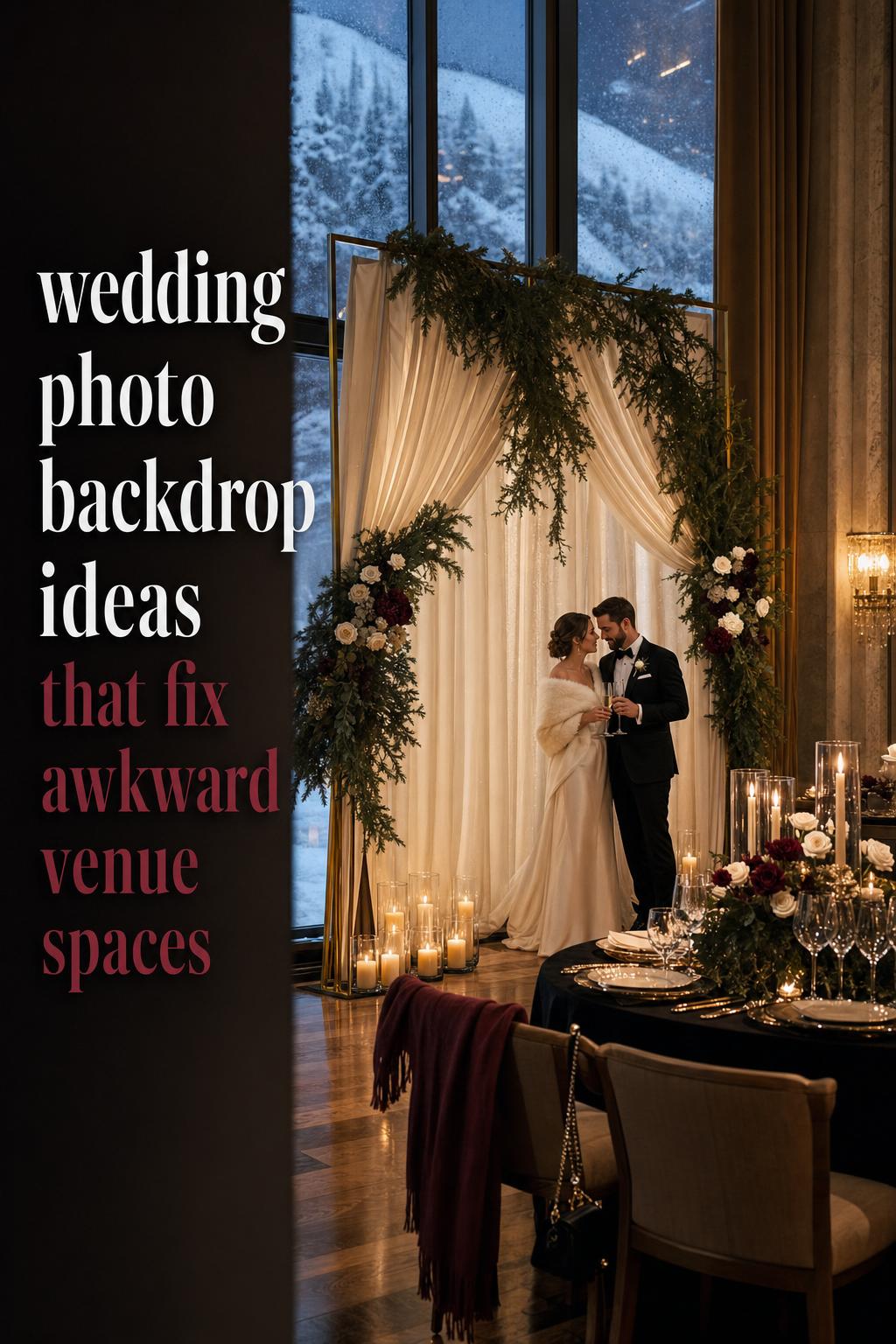 Luxury candlelit winter reception with chiffon drape backdrop near frosted windows, featuring wedding photo backdrop ideas