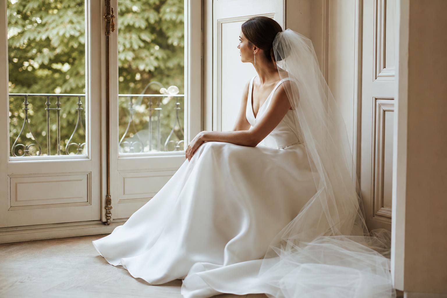 Classic bridal photo of a bride in a white gown holding a bouquet in soft window light, timeless and elegant portrait