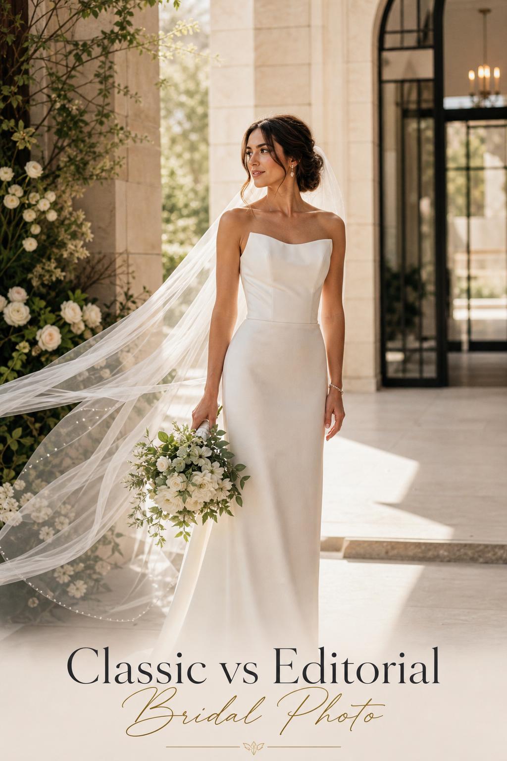 Bridal photo of a sophisticated bride in a modern stone courtyard with soft veil movement in golden-hour light