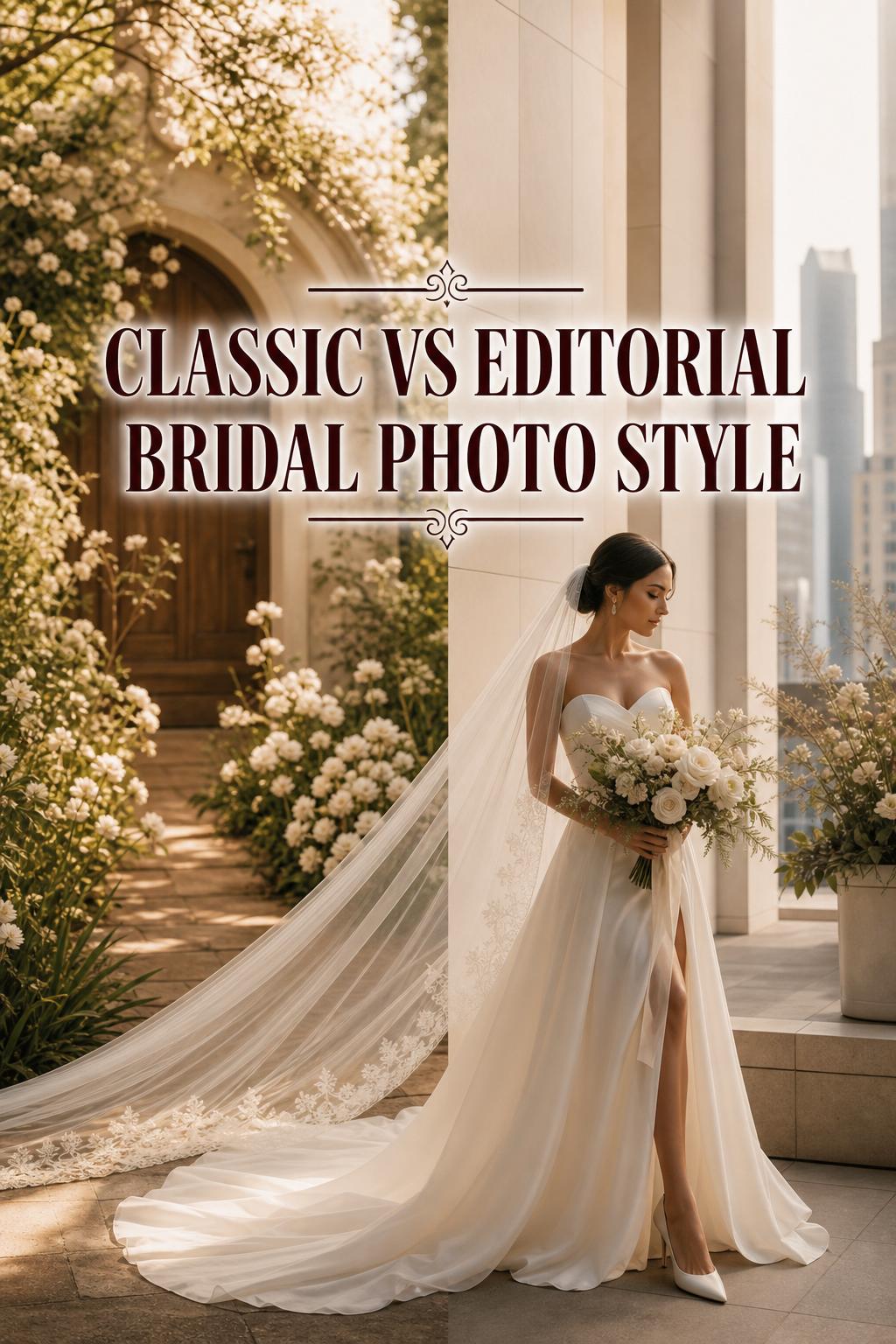 Bridal photo showing classic vs editorial bridal portrait in golden-hour light with elegant gown, veil, bouquet, and text overlay