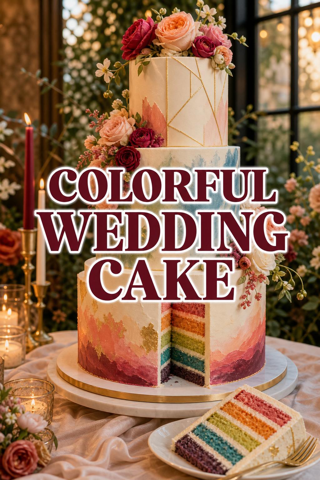 Colorful wedding cake on a styled reception table with golden-hour lighting, taper candles, and floral accents