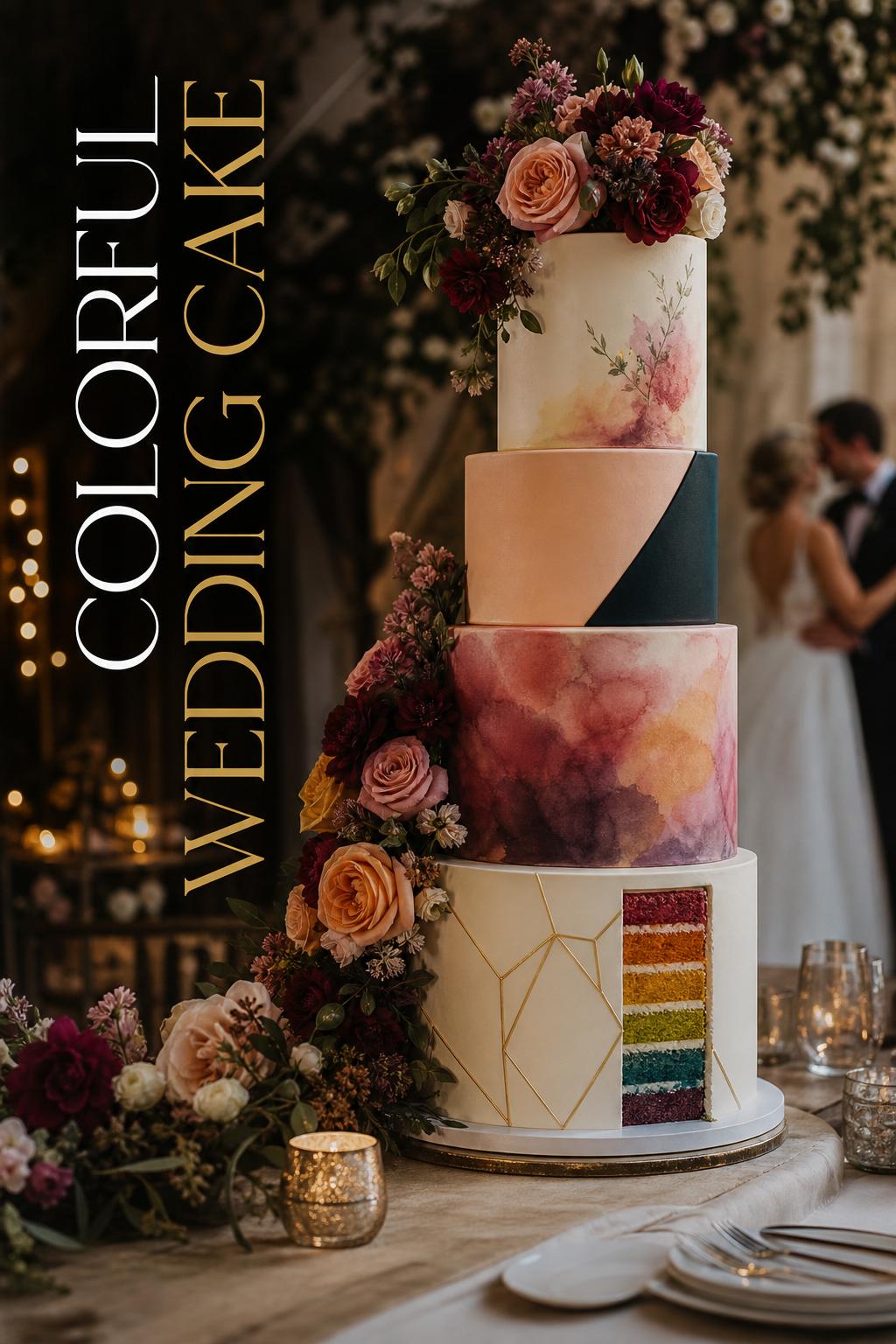 Colorful wedding cake with ombré tiers, floral cascade, and candlelit reception table in moody editorial light