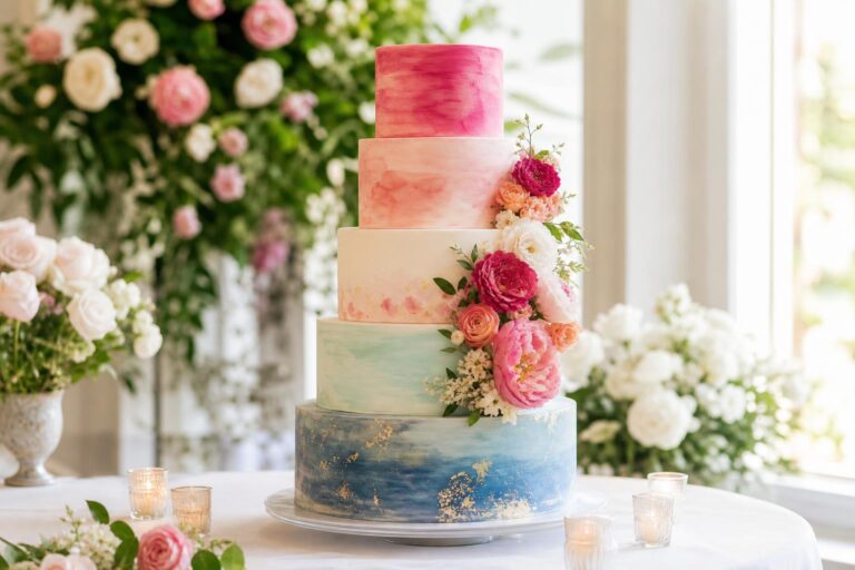 Colorful wedding cake with ombré buttercream tiers and fresh flowers on an elegant reception table