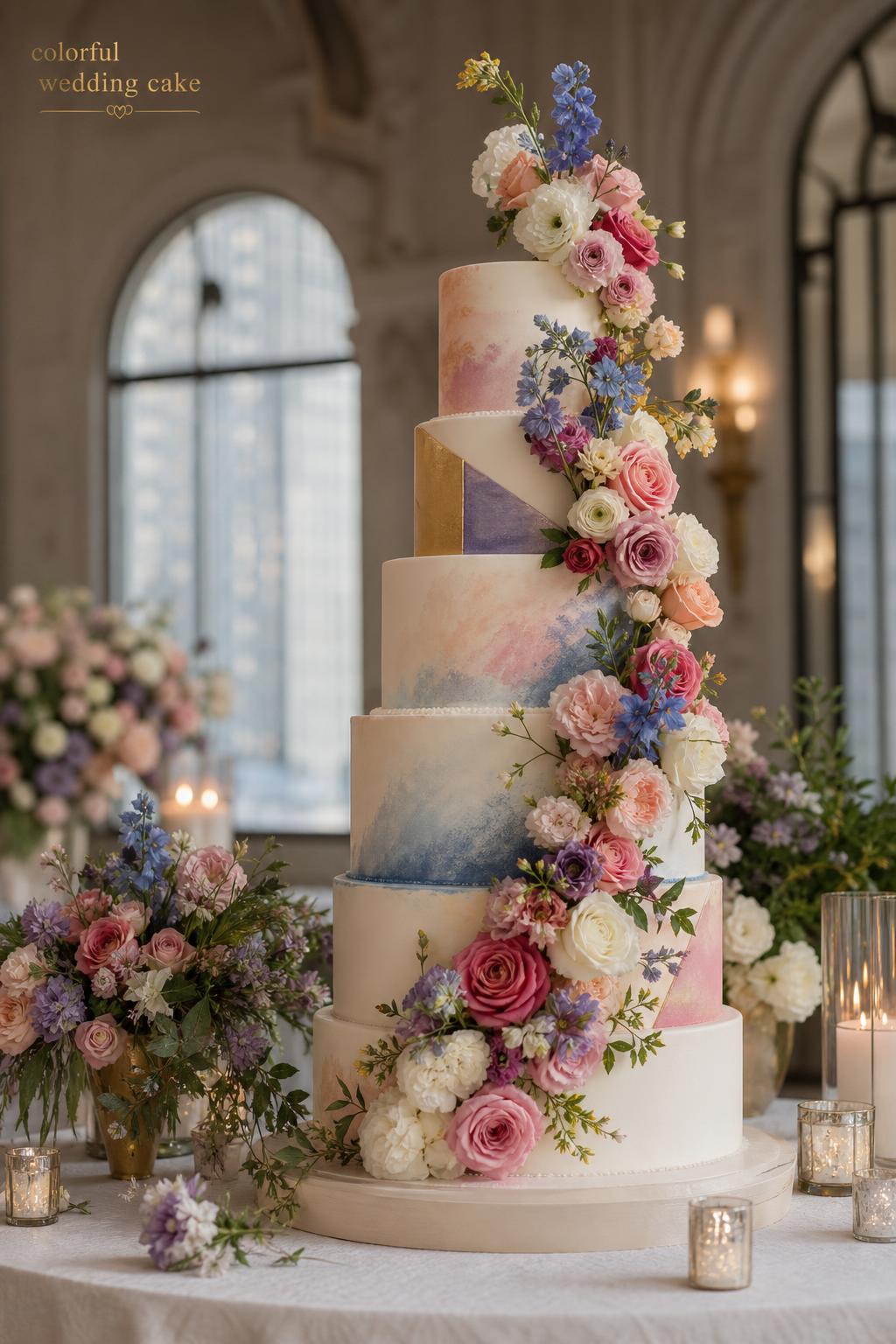 Colorful wedding cake with ombré tiers, watercolor brushstrokes, and cascading flowers on an elegant wedding tablescape