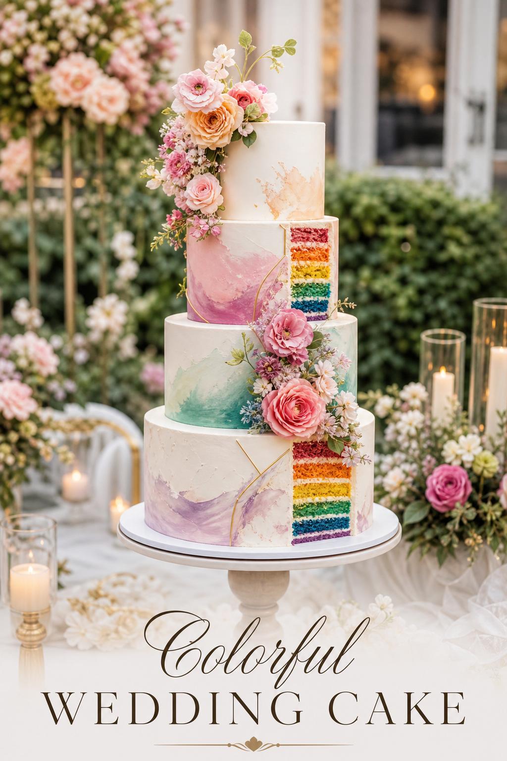 Colorful wedding cake with ombré tiers, watercolor florals, and rainbow slices on a luxury garden reception table