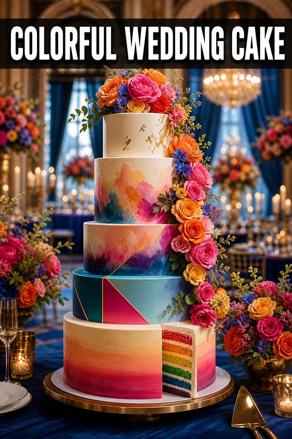 Colorful wedding cake with vibrant frosting and floral details on a dessert table at a wedding reception