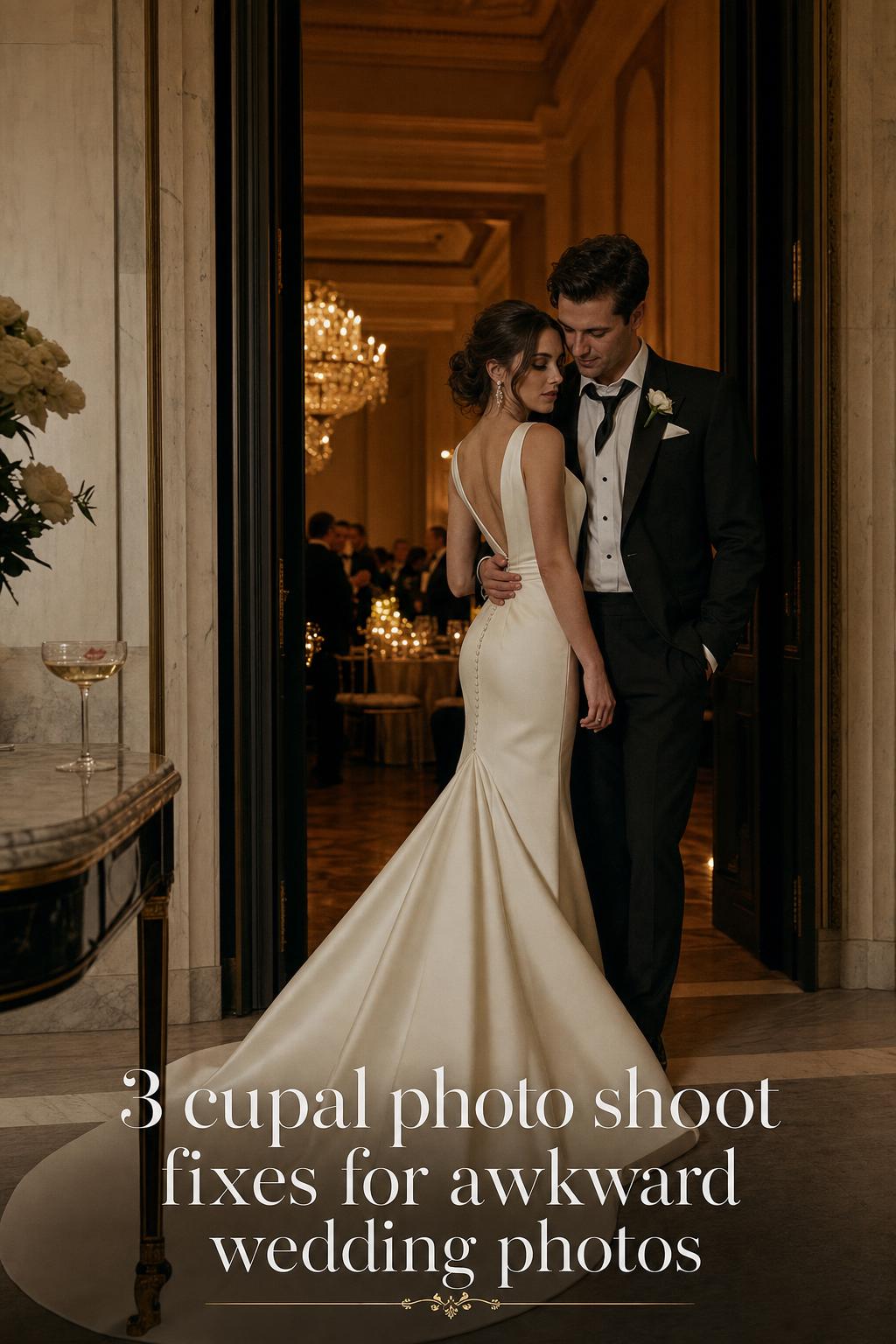 Cupal photo shoot black tie wedding couple in grand ballroom doorway, ivory satin gown and tuxedo in warm candlelight