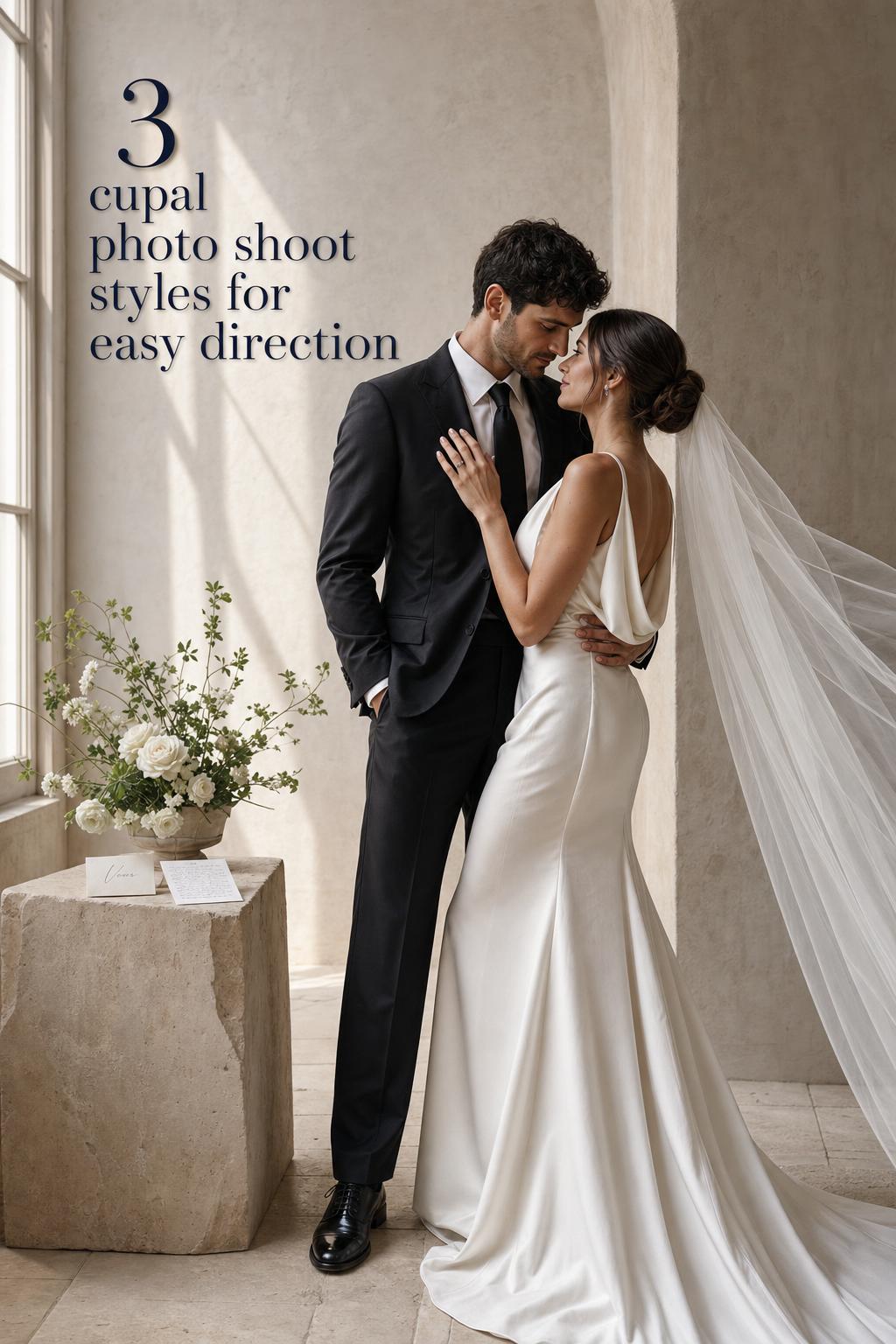 Cupal photo shoot in a light-filled bridal studio, fashion editorial pose with soft romantic near-embrace and vows card