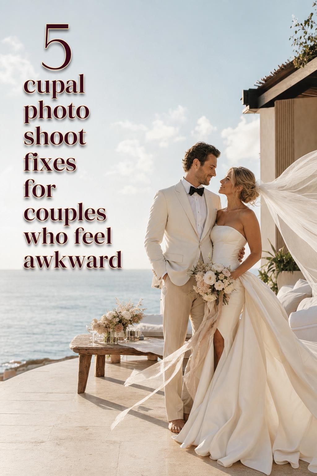 Cupal photo shoot on a sunlit oceanfront terrace with bride in silk gown and groom in ivory jacket, veil in sea breeze