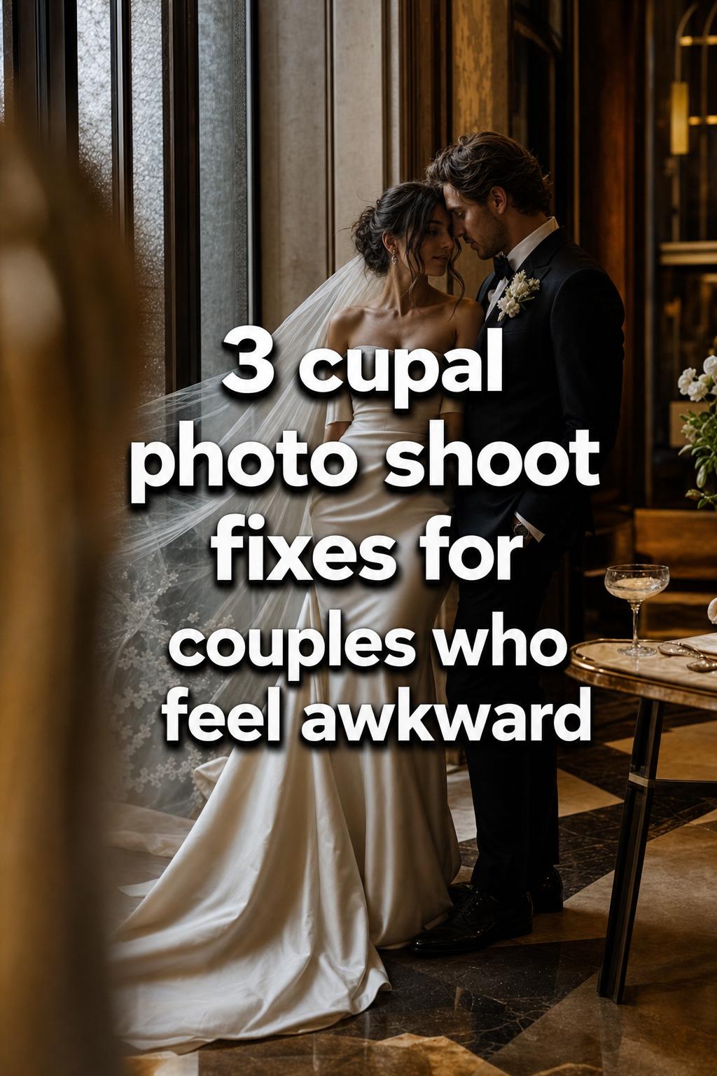 cupal photo shoot tips with modern wedding couple in moody venue, satin gown and dark suit by tall windows at dusk