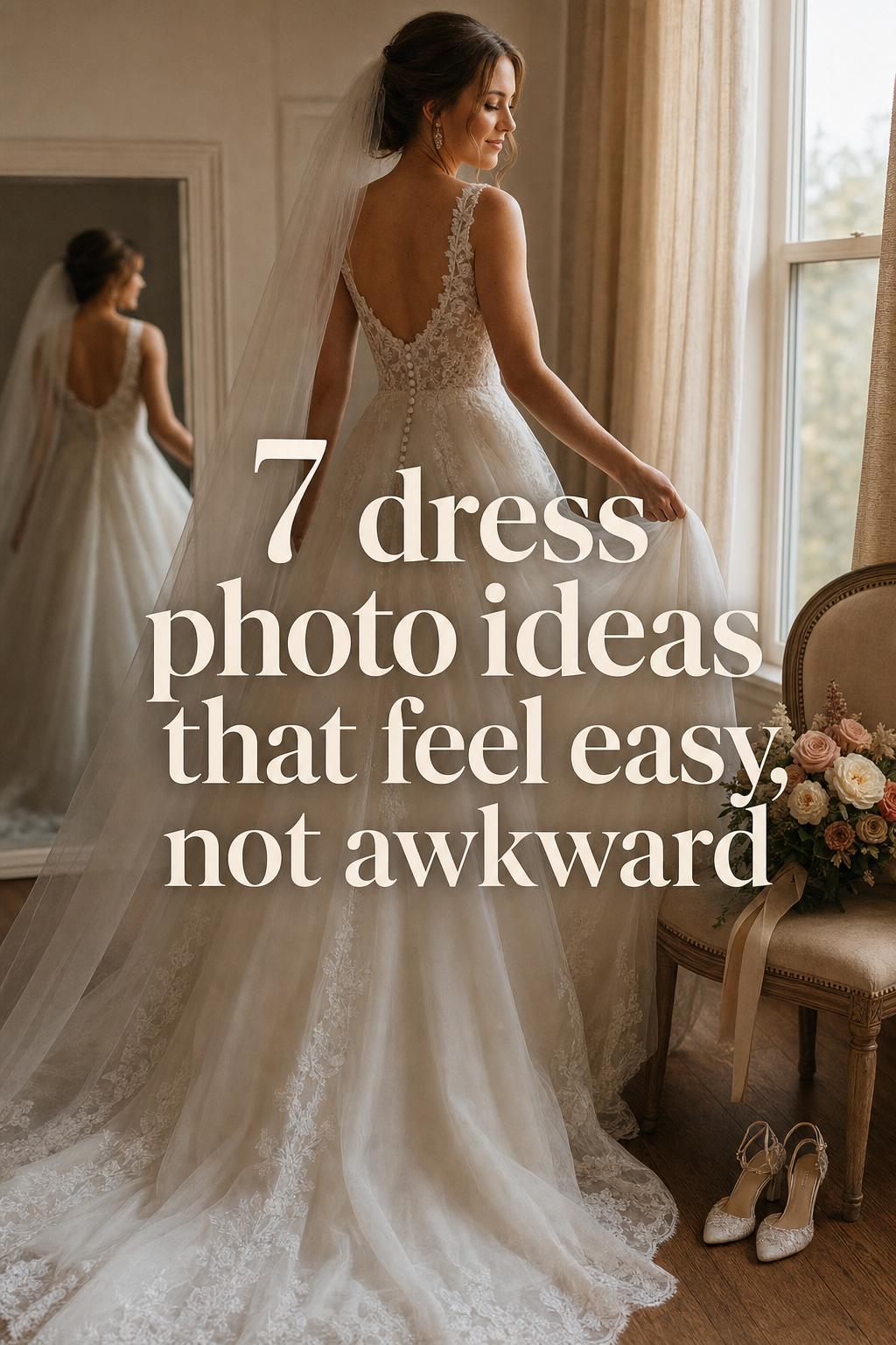 Dress photo ideas: bride by window holding flowing gown train in warm bridal suite with veil, buttons, bouquet, shoes