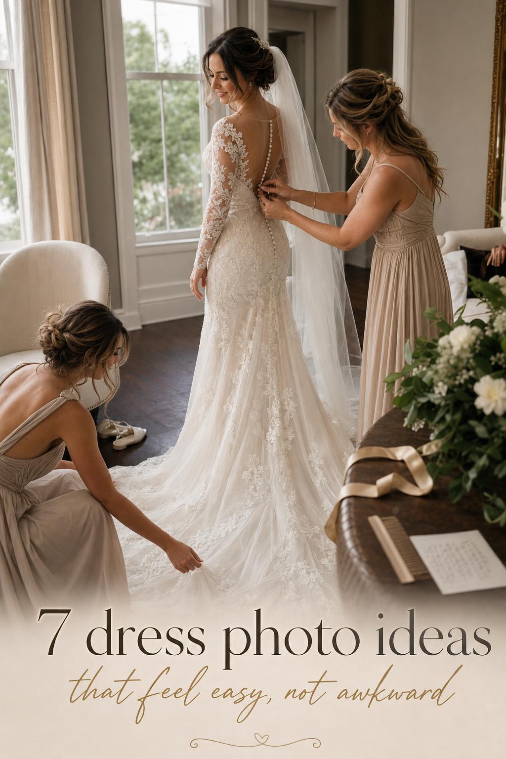 Dress photo ideas: bride in morning window light as bridesmaids fasten buttons and smooth lace train in a bridal suite